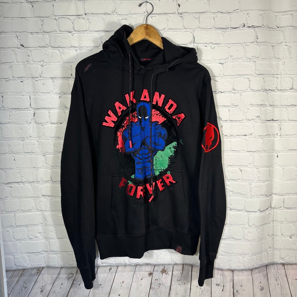 Kryptic Marvel Black Panther Wakanda Forever Hoodie Black Mens‎ Large Logo